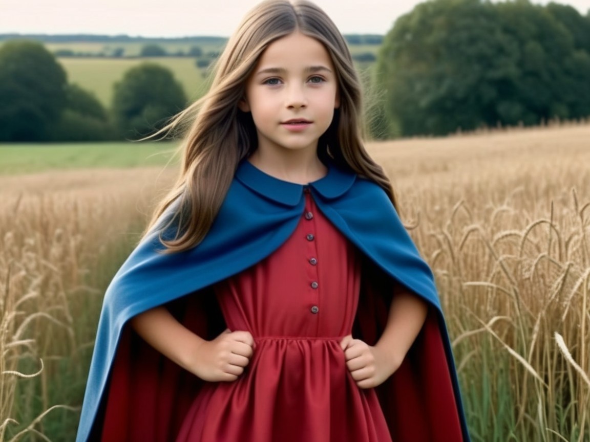 Young girl in red dress in a golden field setting