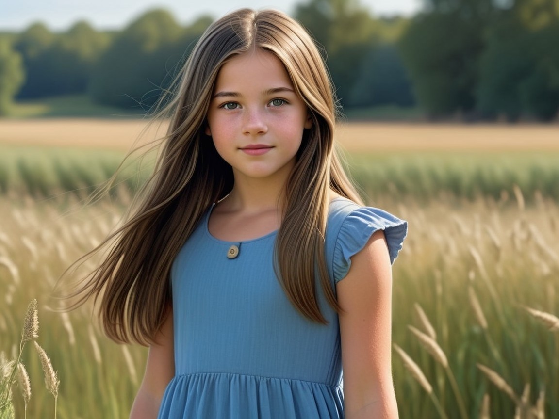 Young girl in sunlit field with blue dress and greenery