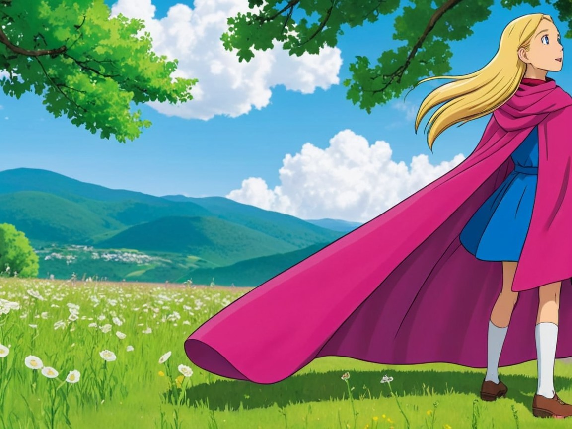 Young girl in blue dress in green field with mountains
