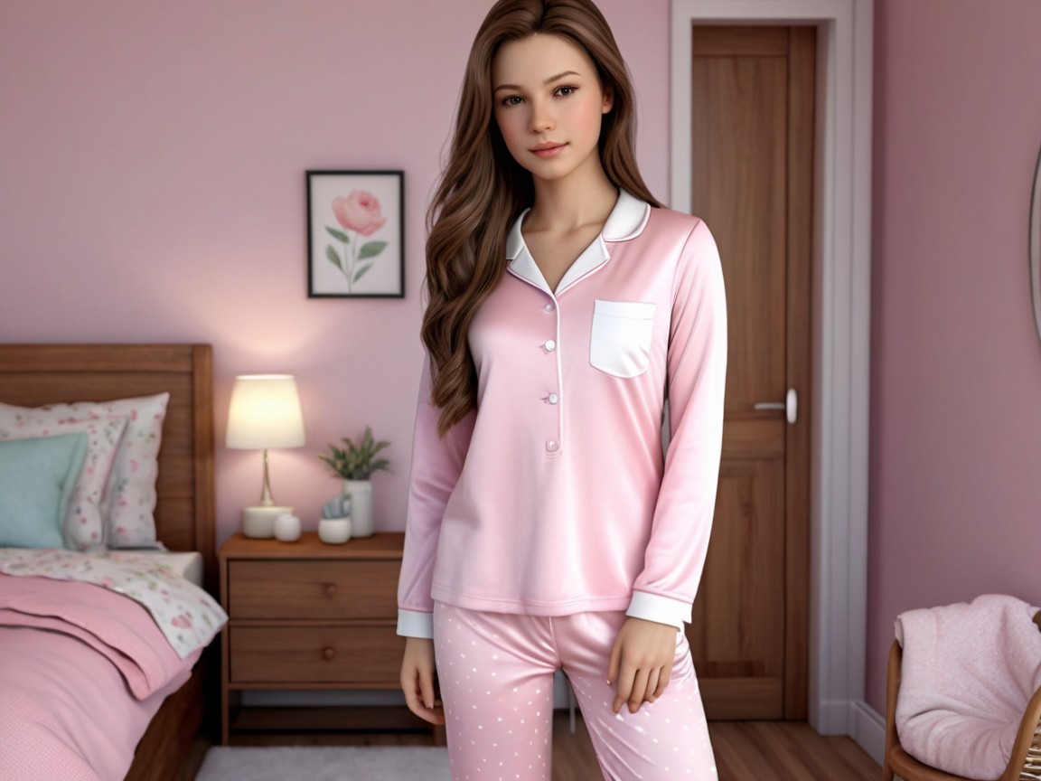 Cozy Bedroom with Young Woman in Pink Pajamas