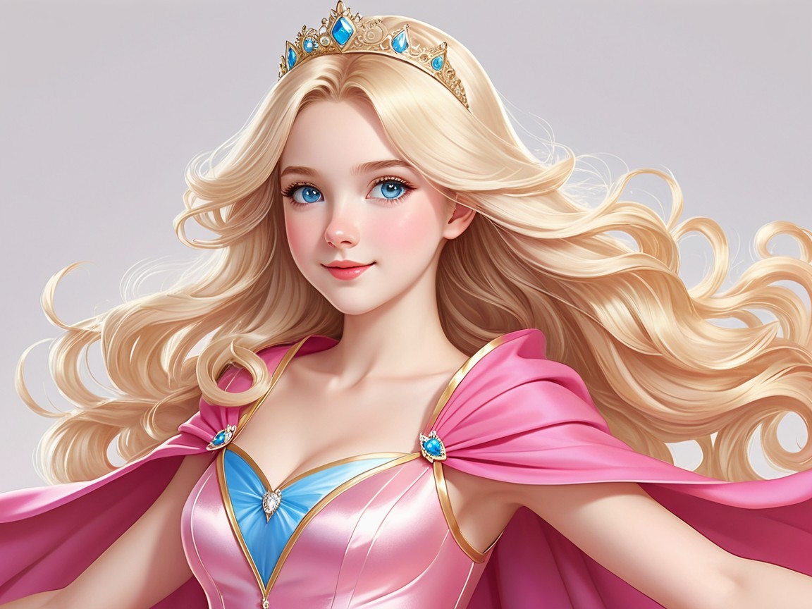 Young princess in pink and blue gown with crown