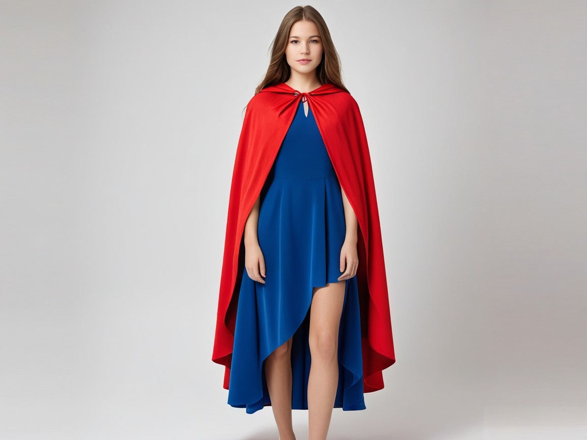 Young woman in blue dress and red cape on neutral background