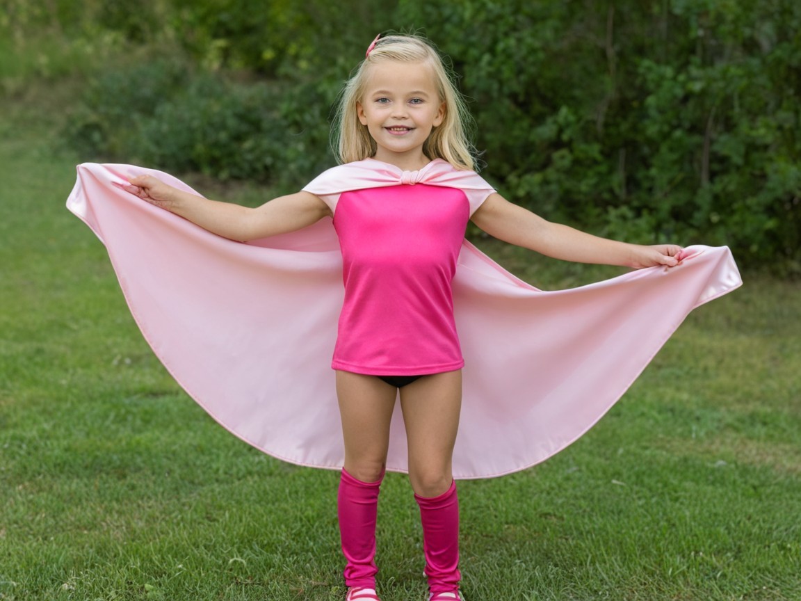 Young girl in pink superhero costume with cape