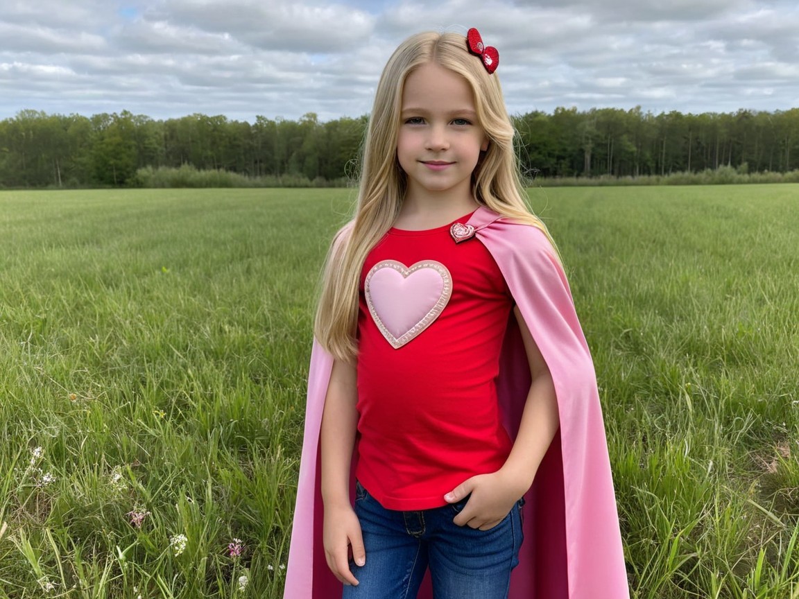 Young girl in red shirt and pink cape in green field
