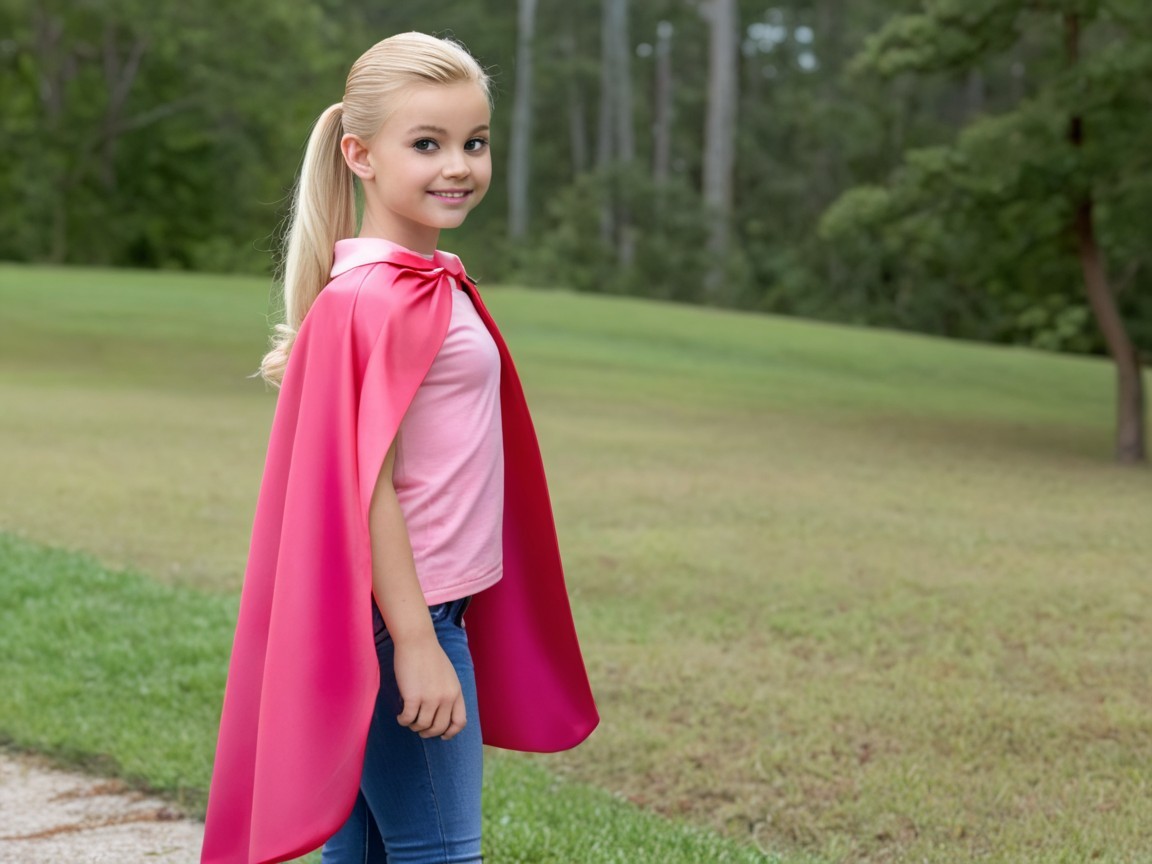 Young girl in pink cape on grassy field with trees