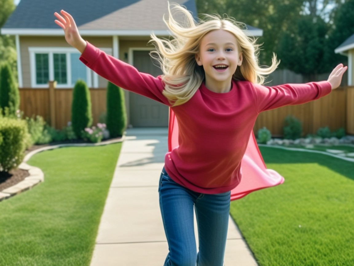 Young girl in red cape running in cheerful suburb