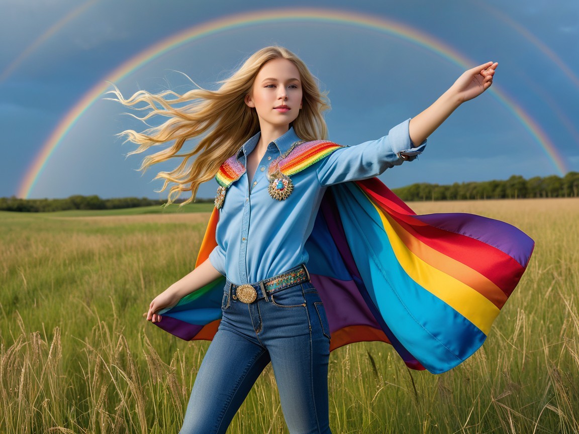 Young girl in denim with rainbow cape in a field