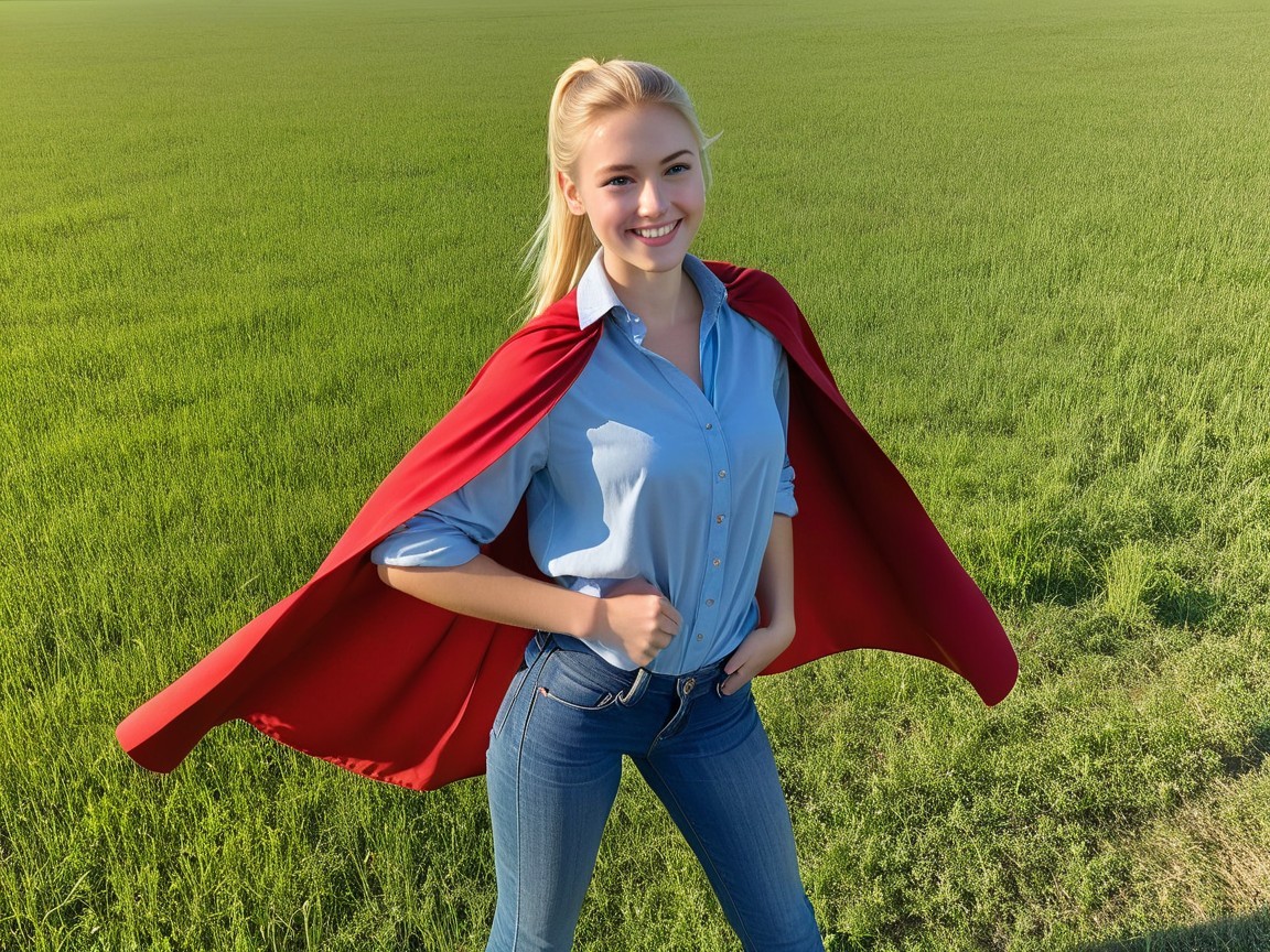 Young woman in blue shirt and red cape in field