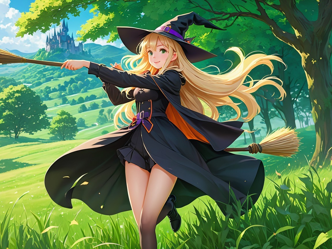 Cheerful young witch twirling in a sunny landscape