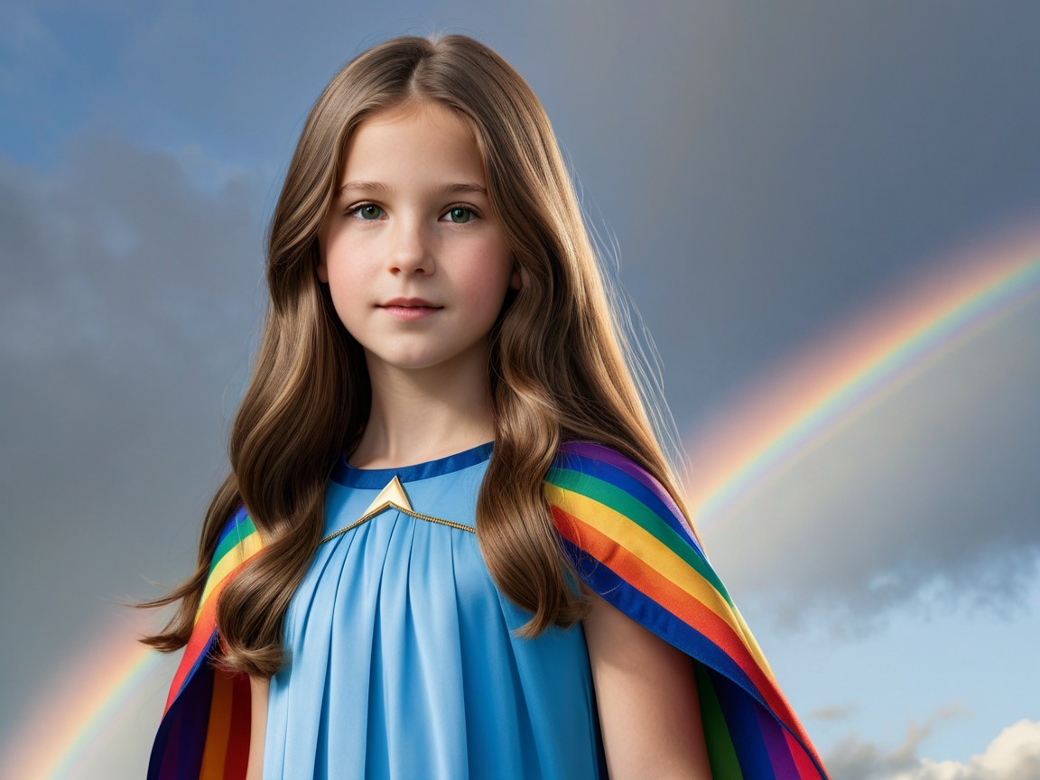 Young girl in blue dress with rainbow cape and sky