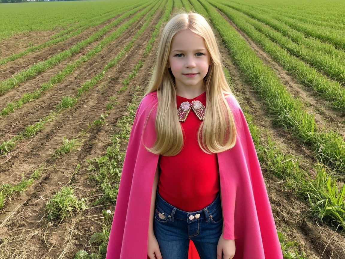 Young girl in vibrant attire in a green field