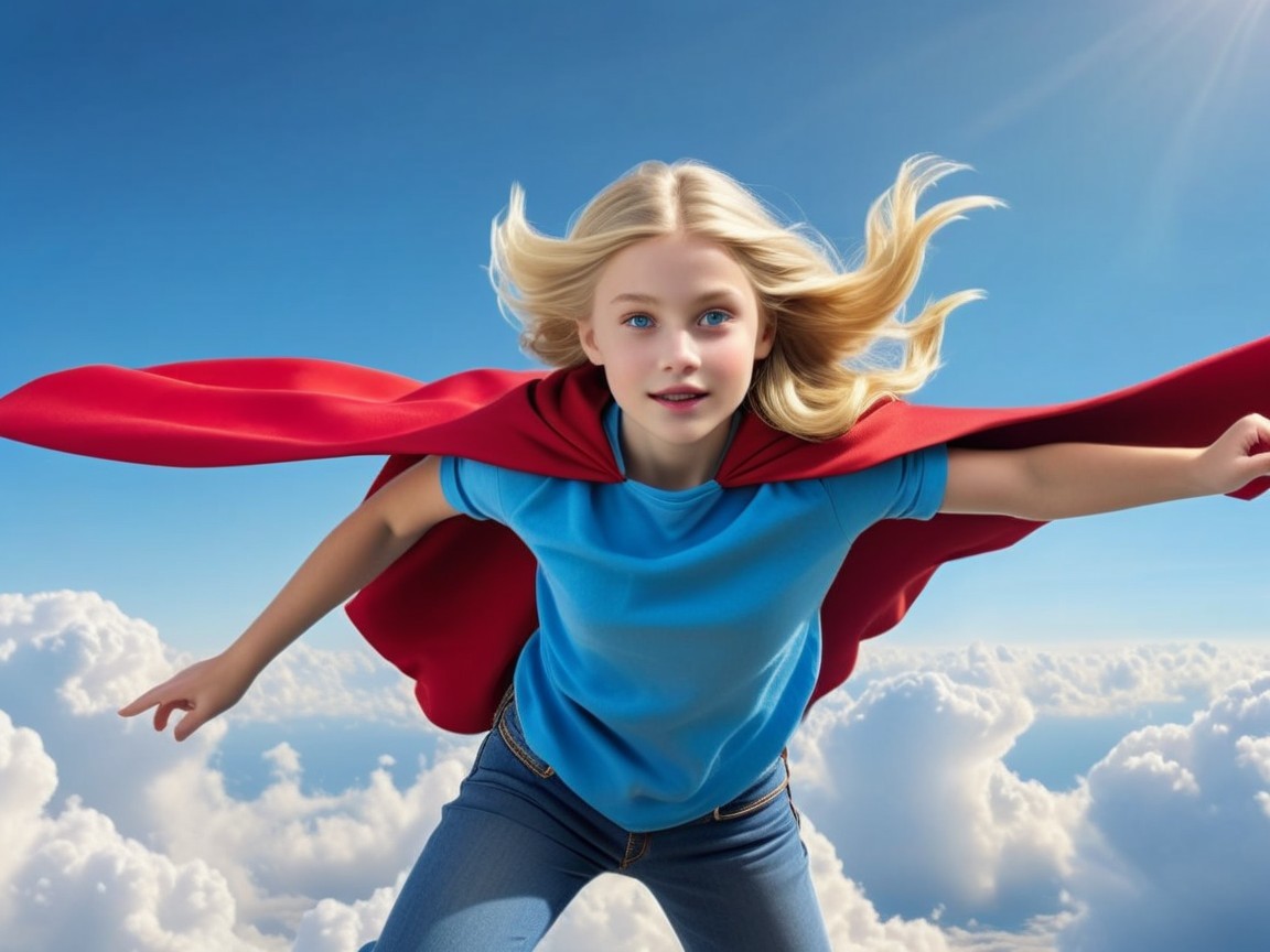 Young Girl in Blue T-Shirt and Red Cape Soaring