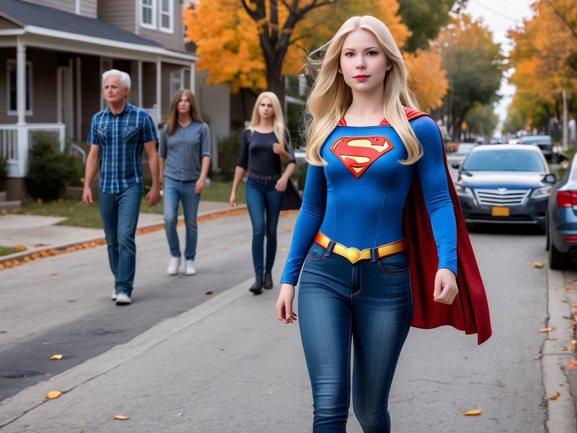 Superhero in Blue Bodysuit Walks Suburban Street