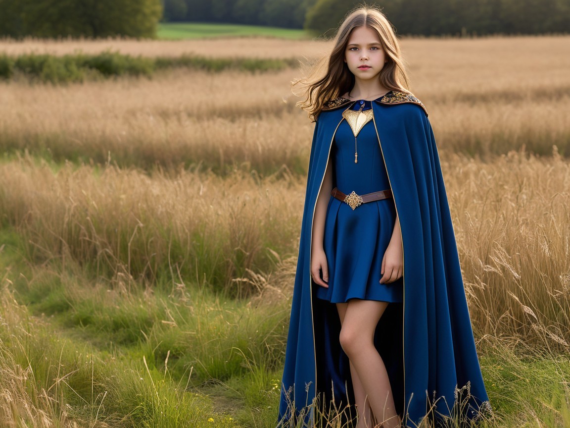 Young girl in blue dress in a golden field setting