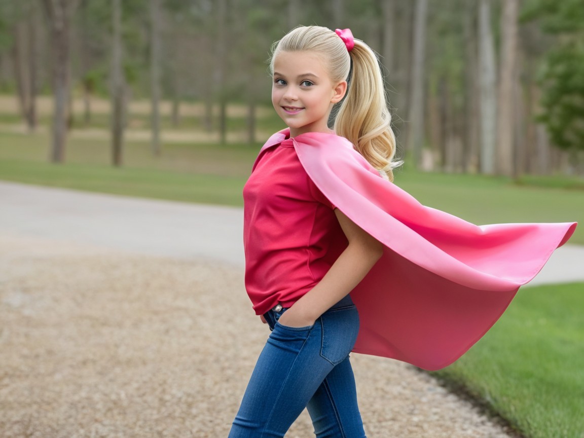 Young girl in pink cape against green landscape