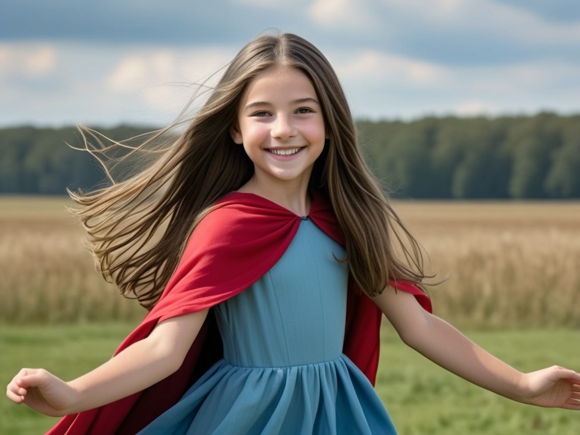 Young girl in blue dress twirls in green meadow