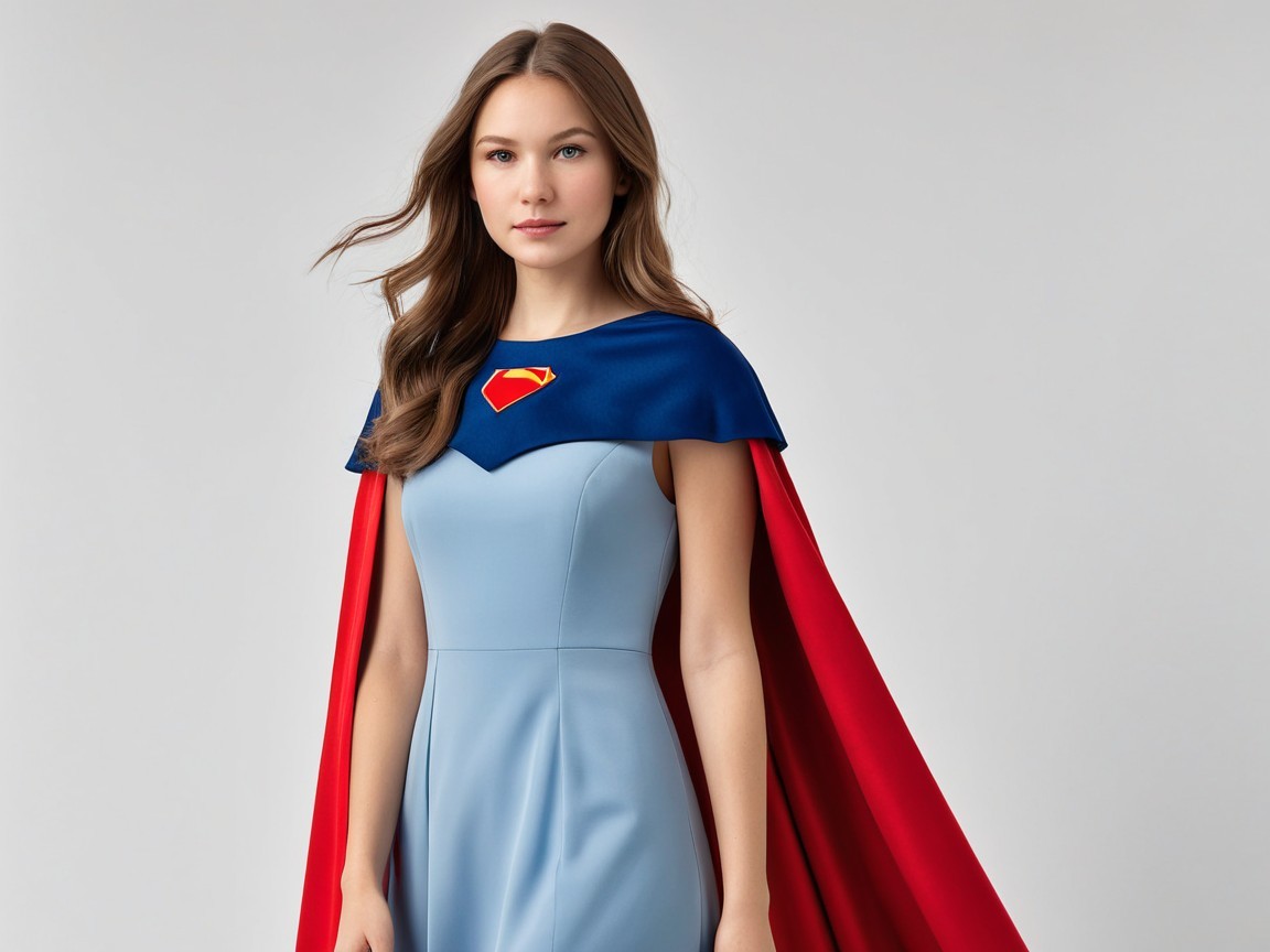 Young woman in stylish blue dress with vibrant cape