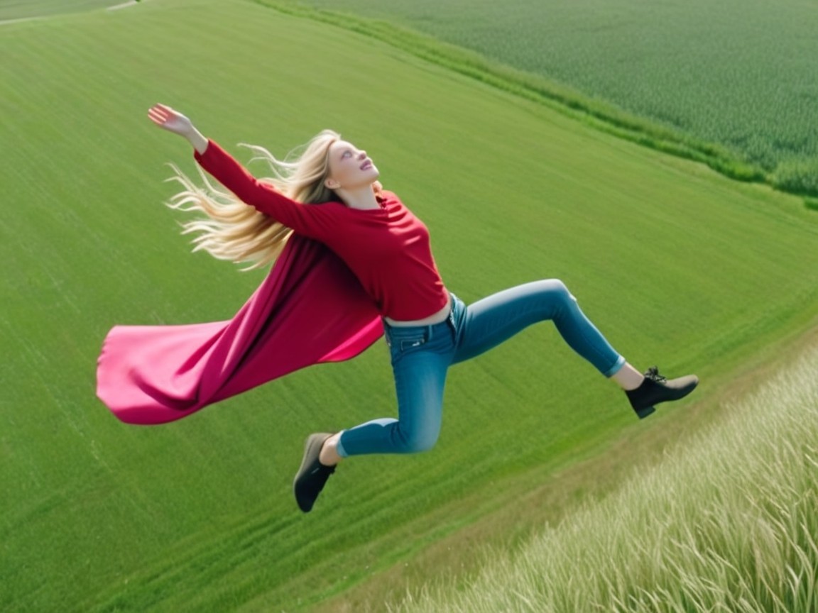 Woman in Red Top Leaping in Green Fields