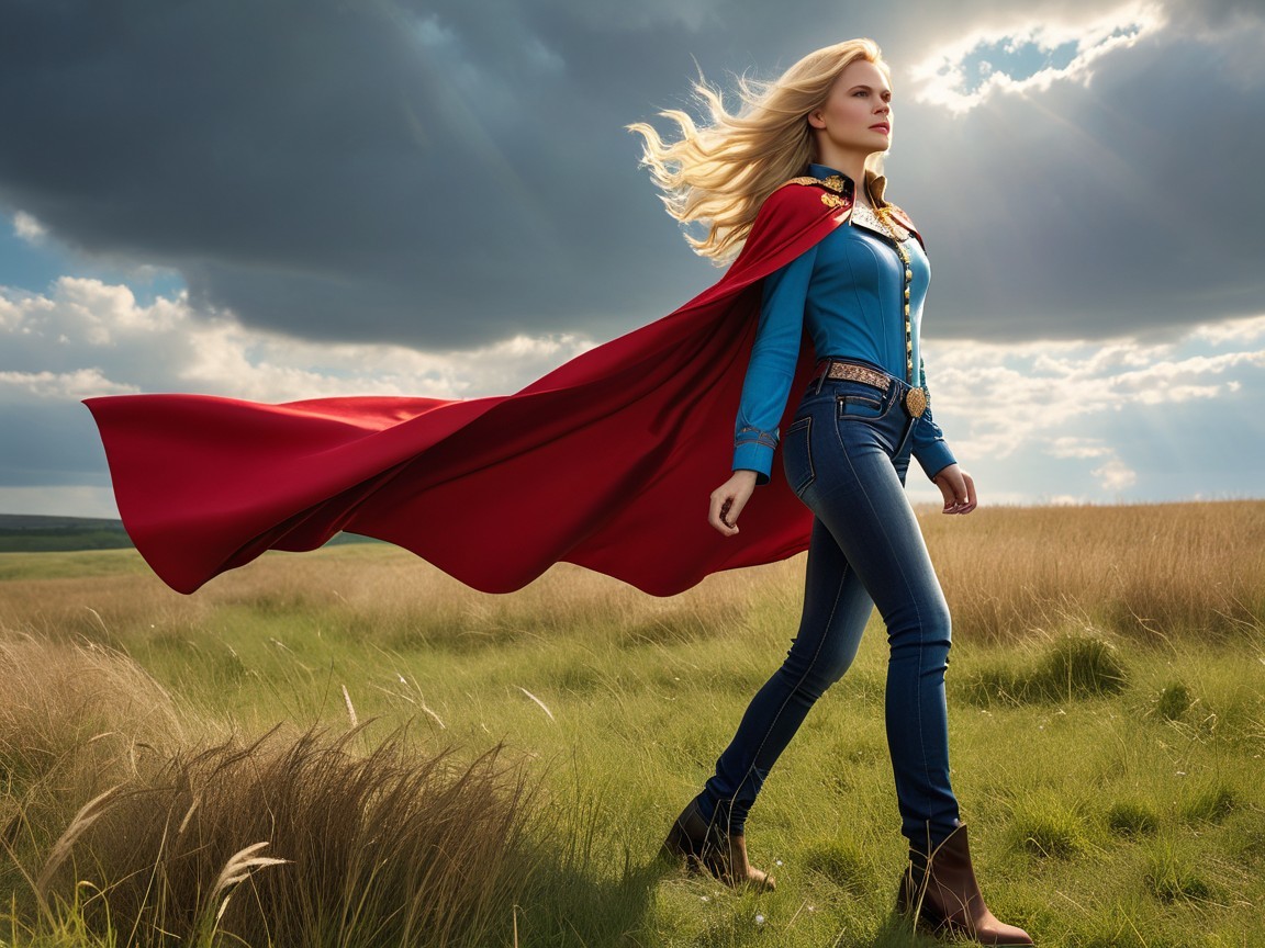 Young woman in red cape walking through golden field