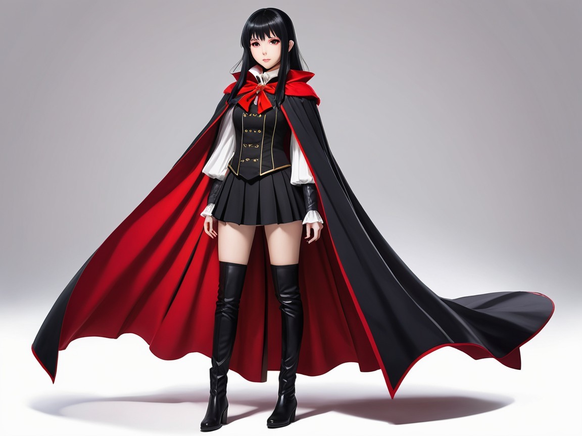 Stylish Character in Black and Red Ensemble with Cape