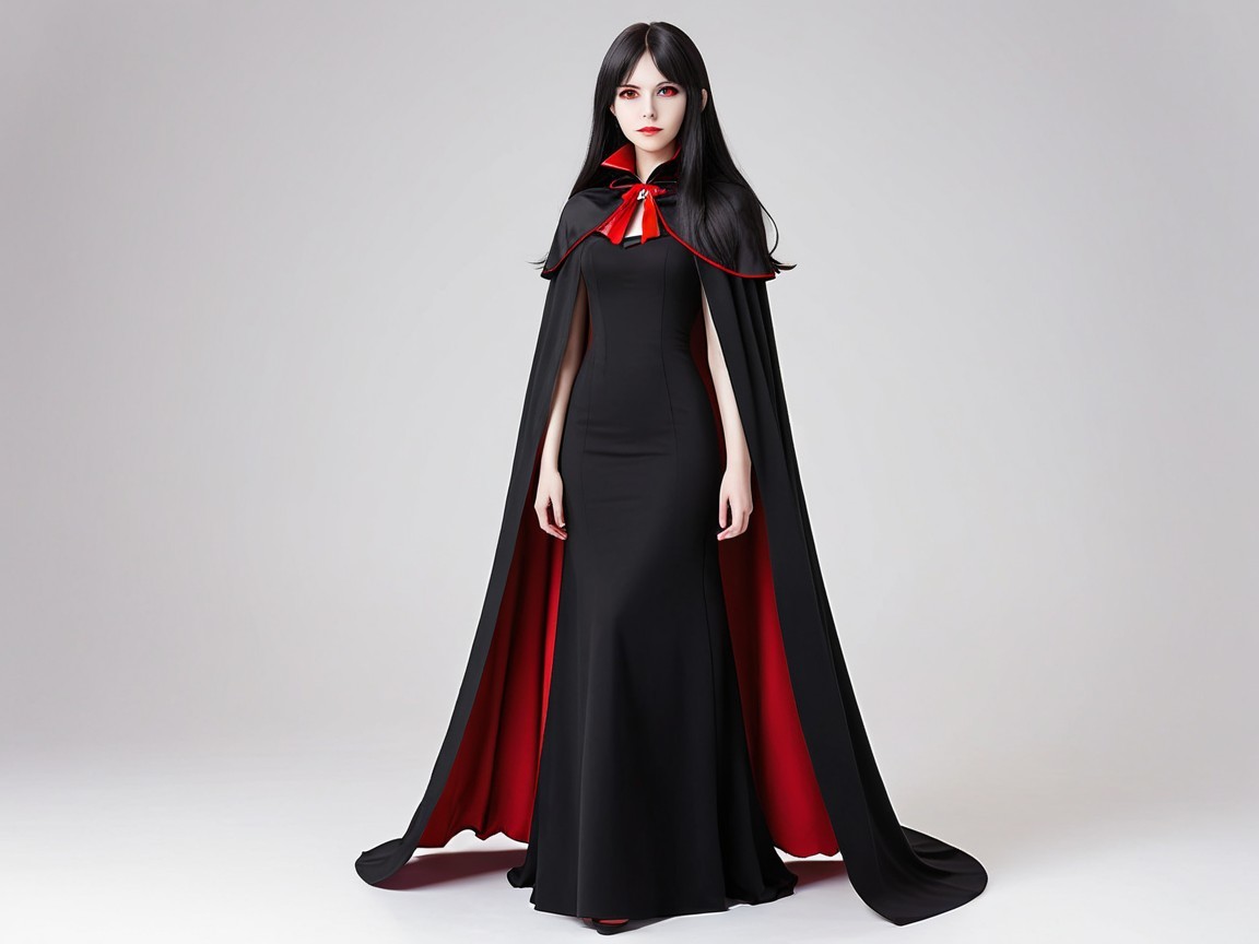 Gothic Elegance in Black Gown with Red Cape Interior