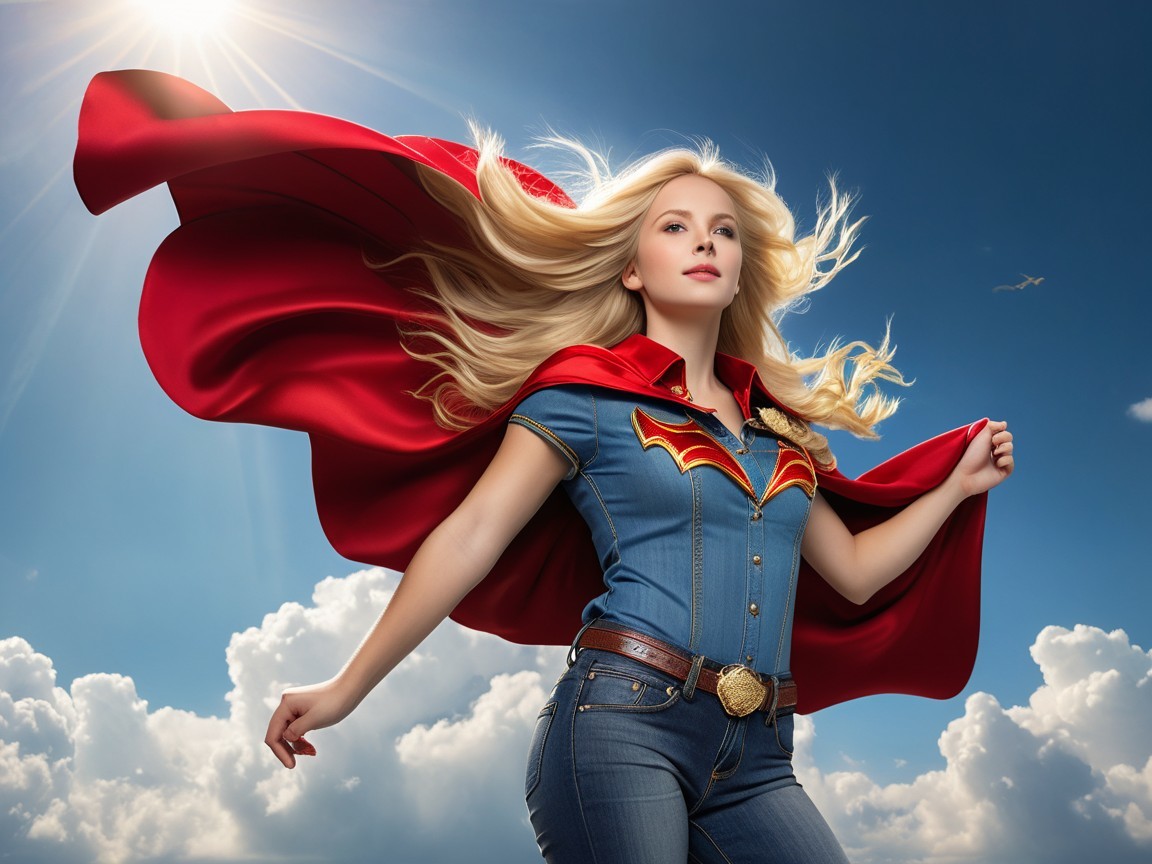 Young Woman in Denim and Red Cape Against Sky