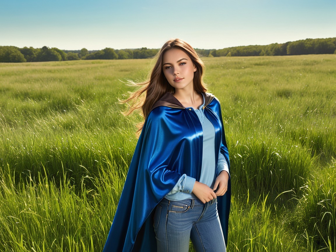 Young Woman in Blue Cape in Lush Green Field