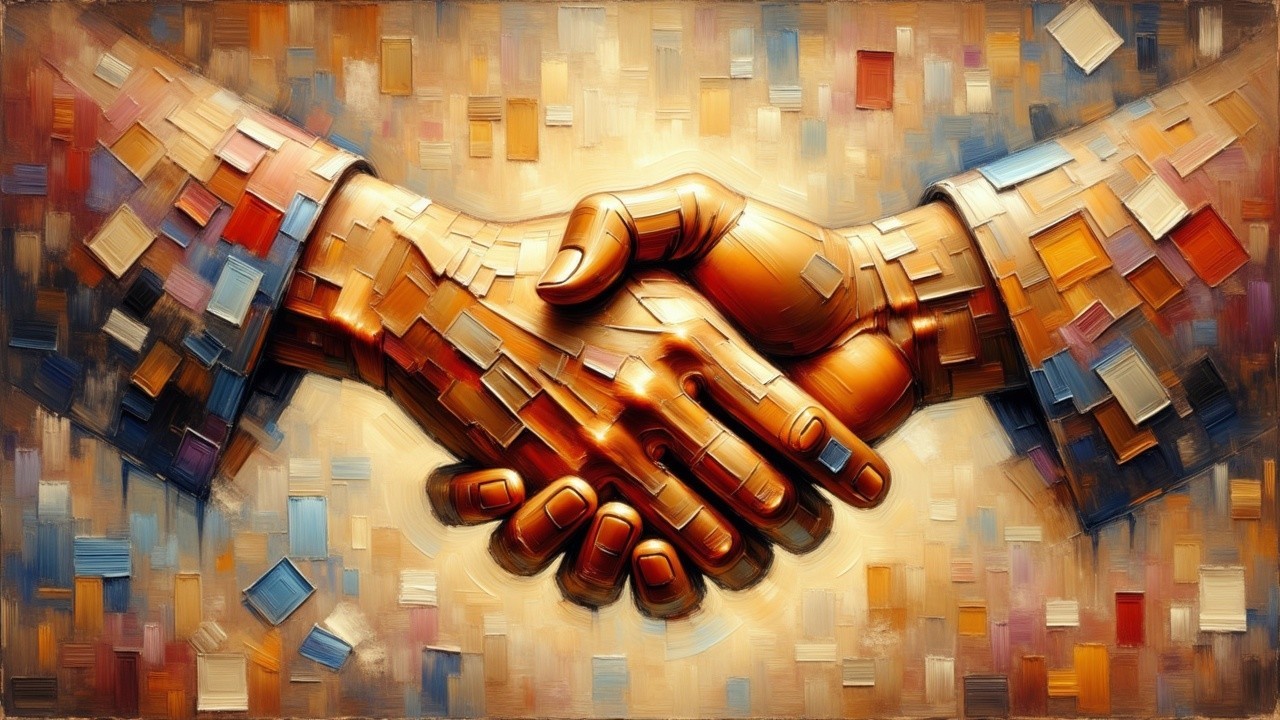 Mosaic Handshake Artwork Symbolizing Unity and Agreement