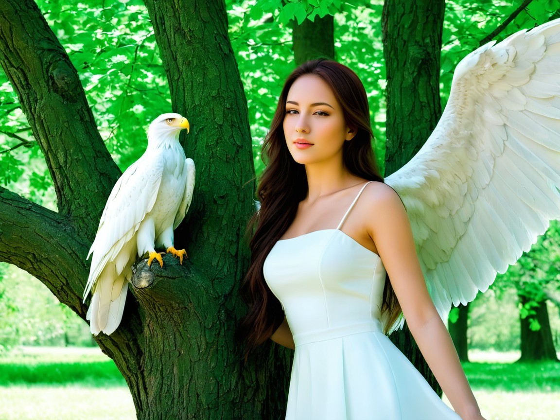 Woman with Wings and Eagle in Enchanted Forest