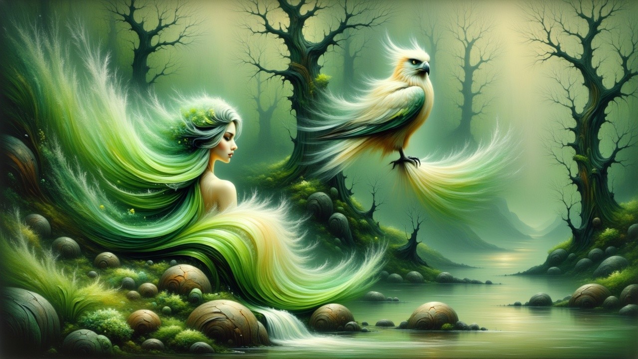 Mystical forest scene with serene woman and vibrant bird