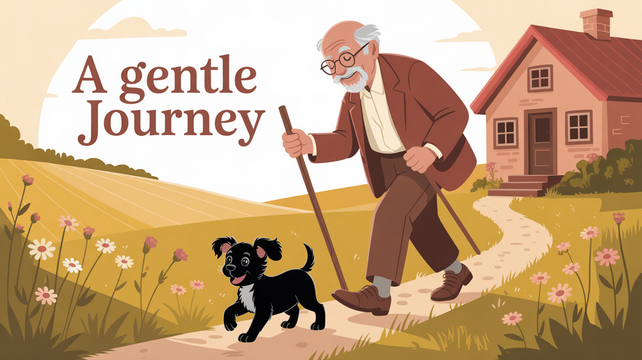 Elderly Man and Puppy on a Sunny Pathway Scene