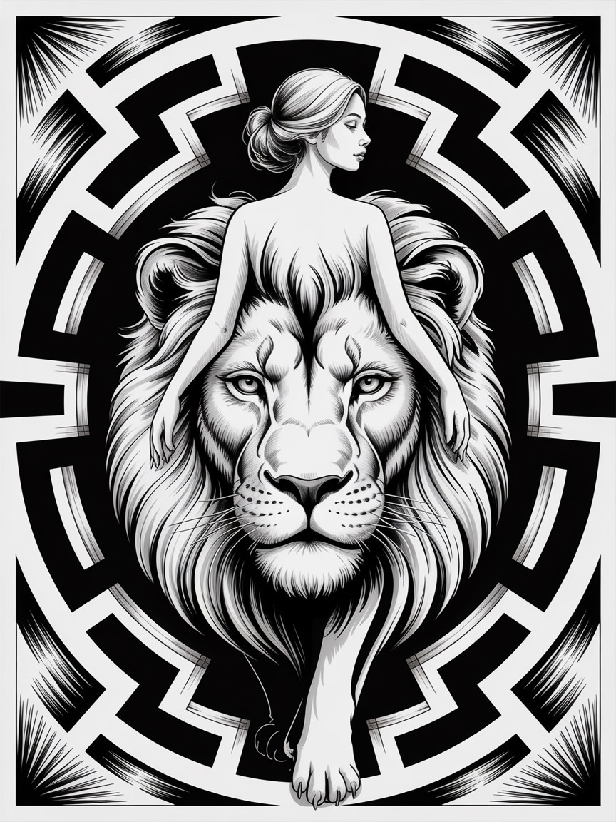 Black and White Illustration of Lion and Woman