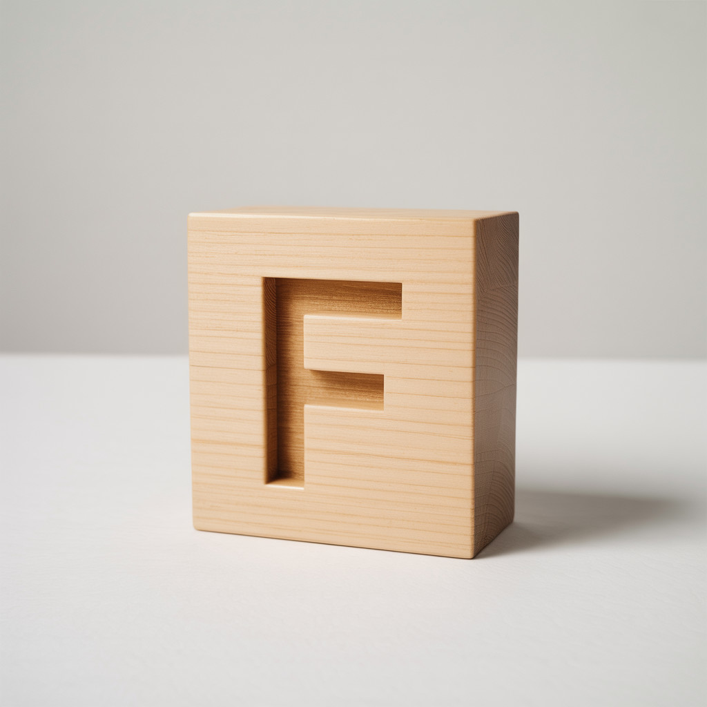 Light-colored wooden block with carved letter "F