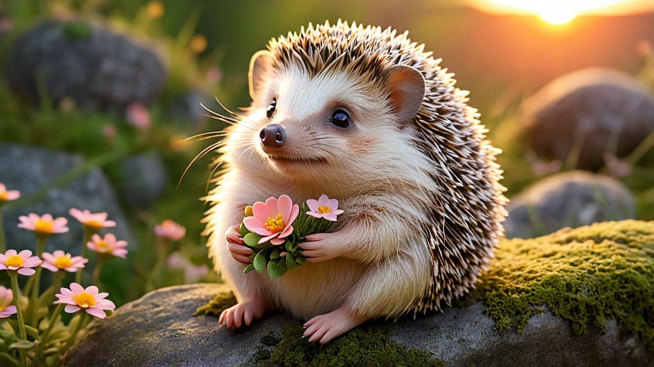 Baby Hedgehog on Mossy Rock Surrounded by Flowers