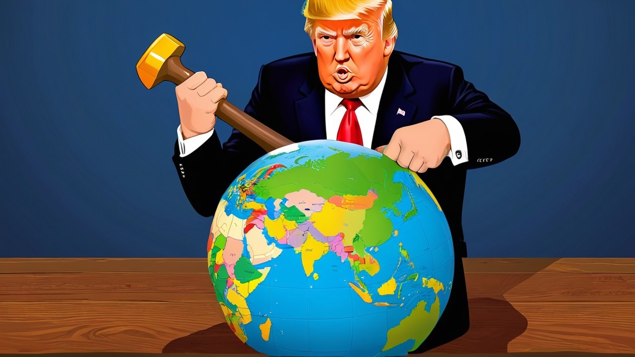 Caricature of a Man with Hammer Over Colorful Globe