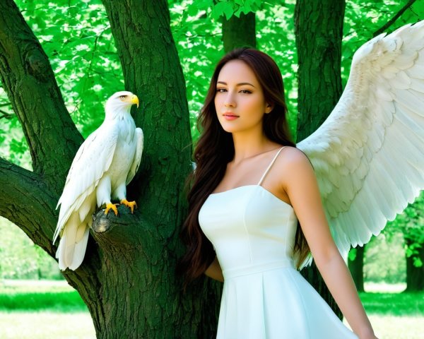 Woman with Wings and Eagle in Enchanted Forest