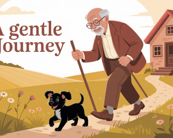 Elderly Man and Puppy on a Sunny Pathway Scene