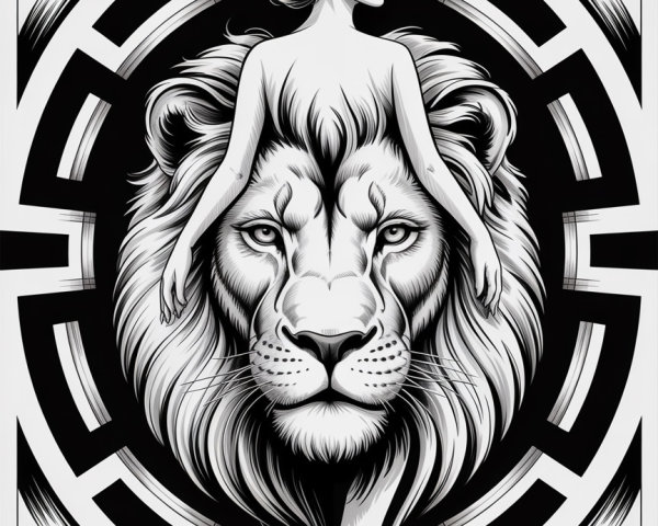 Black and White Illustration of Lion and Woman