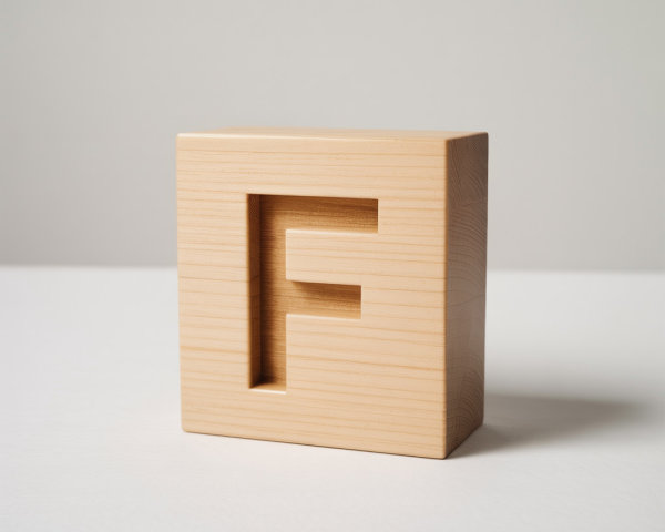 Light-colored wooden block with carved letter "F