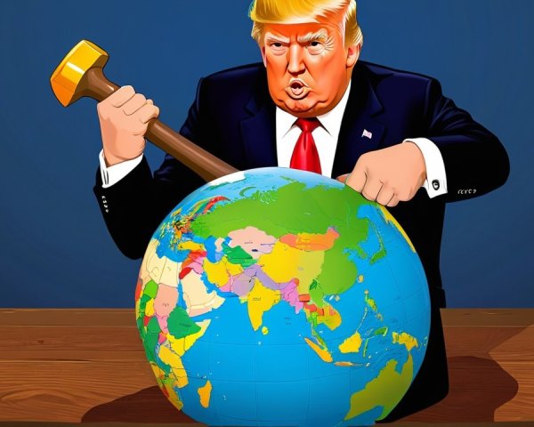 Caricature of a Man with Hammer Over Colorful Globe