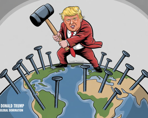 Caricature of a Man in Red Suit on Spiked Globe