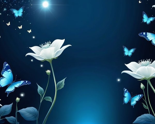 Nighttime Scene with White Flowers and Blue Butterflies
