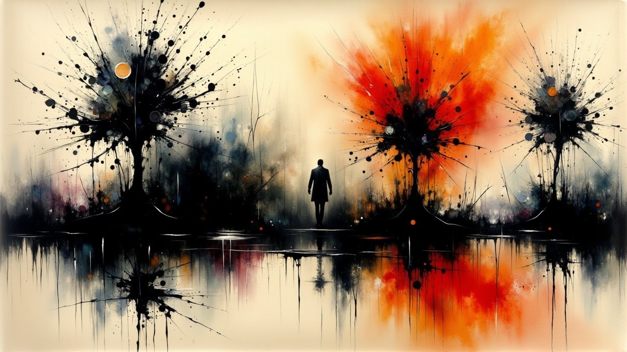 Abstract Artwork Featuring Vibrant Trees and Duality