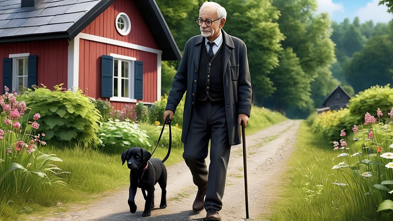Elderly Man and Dog on Scenic Countryside Path