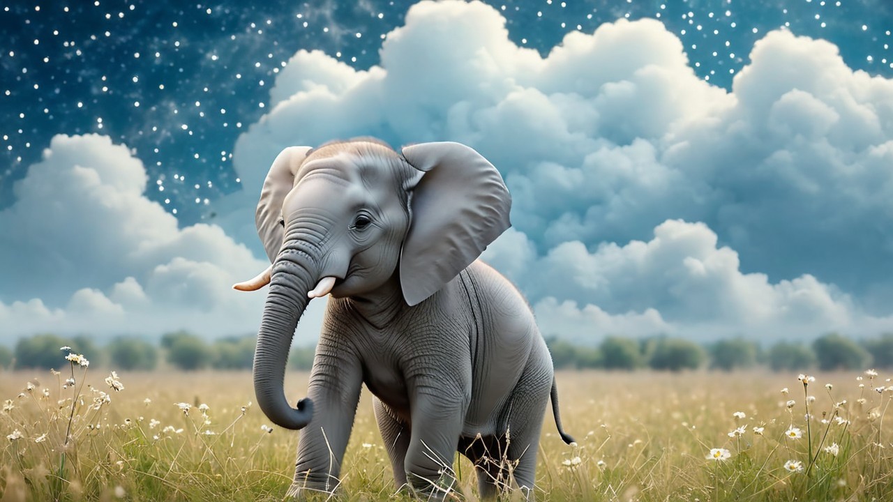 Baby elephant in sunlit field with flowers and trees