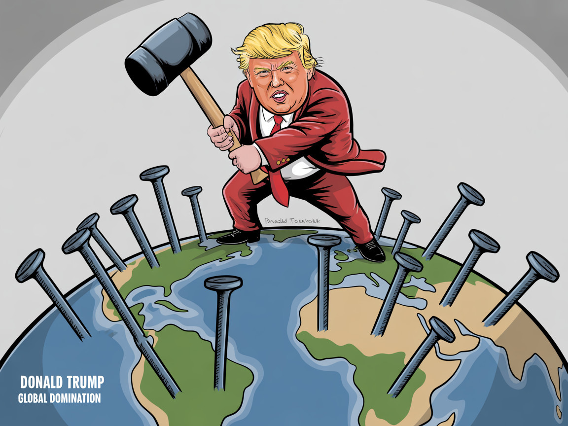 Caricature of a Man in Red Suit on Spiked Globe