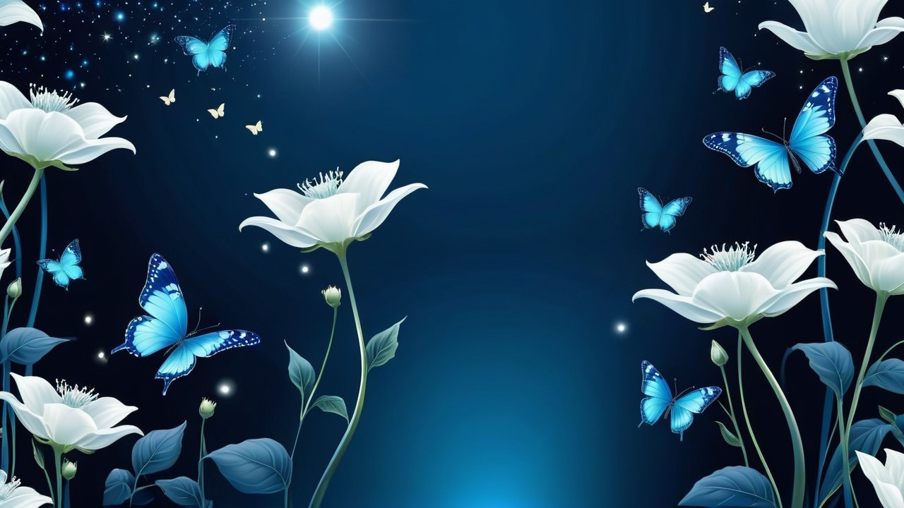 Nighttime Scene with White Flowers and Blue Butterflies