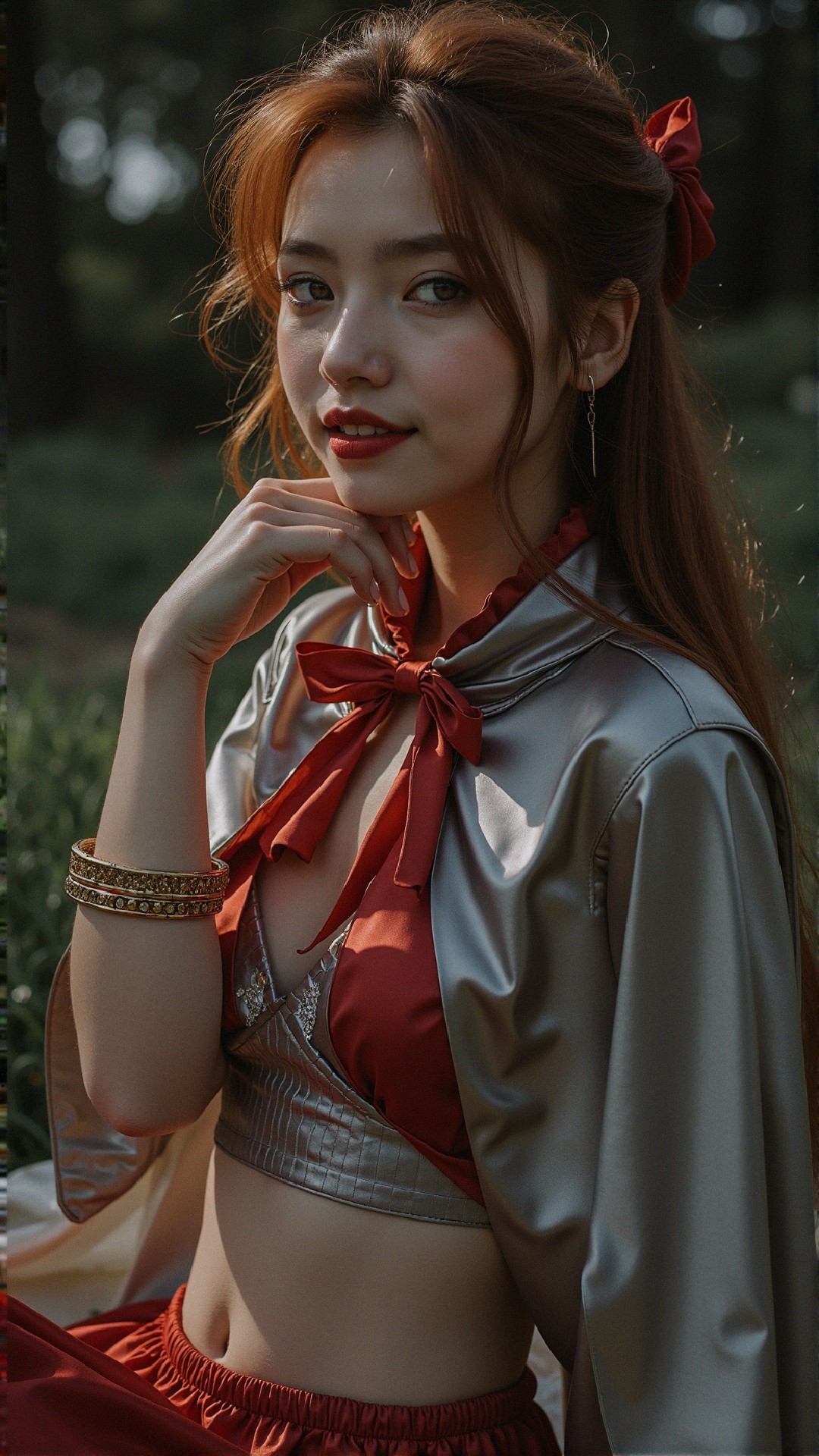 Young Woman in Metallic Outfit Posing Outdoors