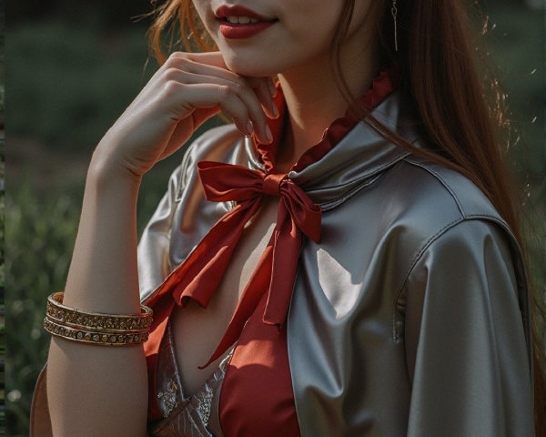 Young Woman in Metallic Outfit Posing Outdoors