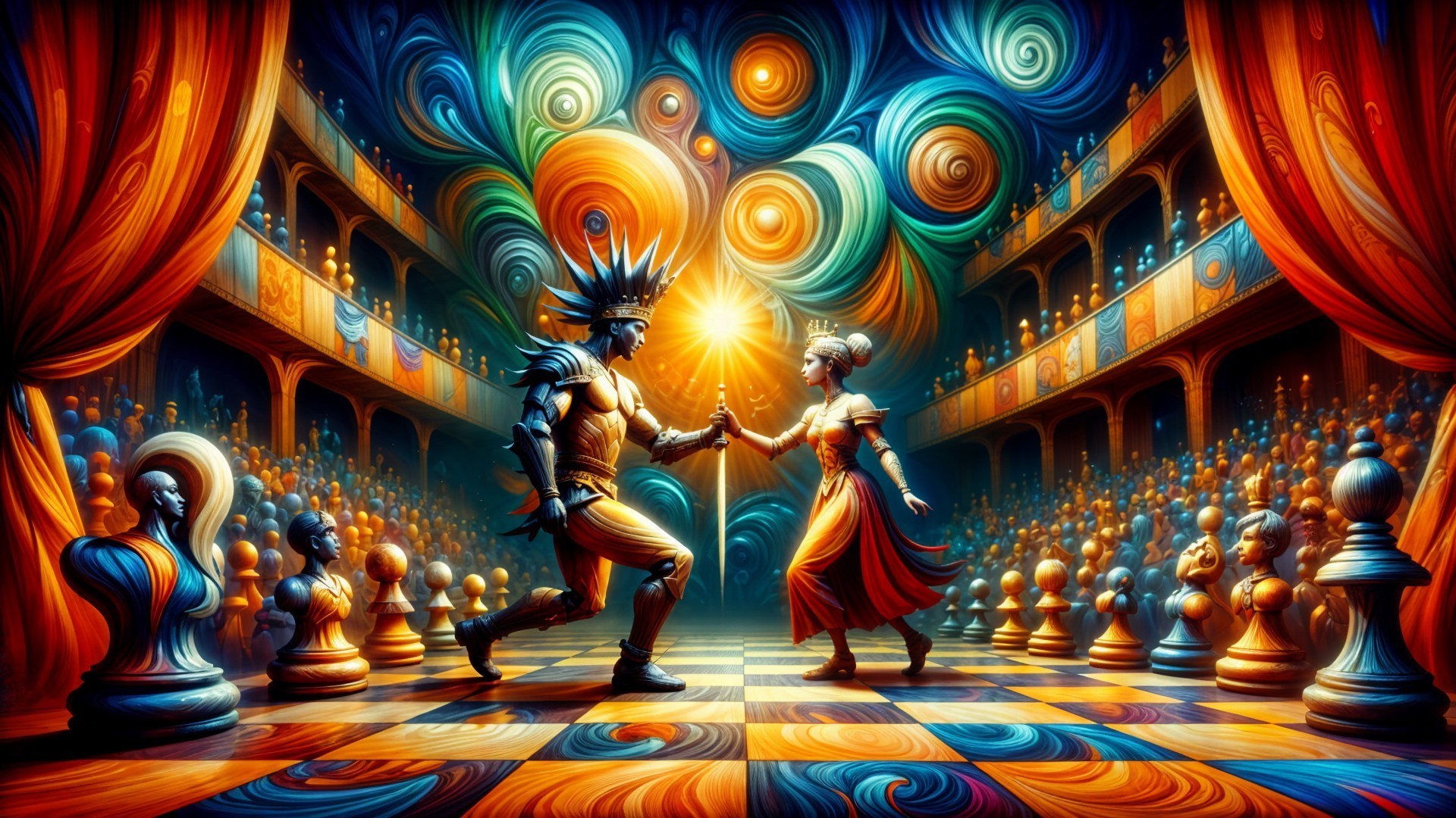 Knight and Queen Dance on Colorful Chessboard Stage